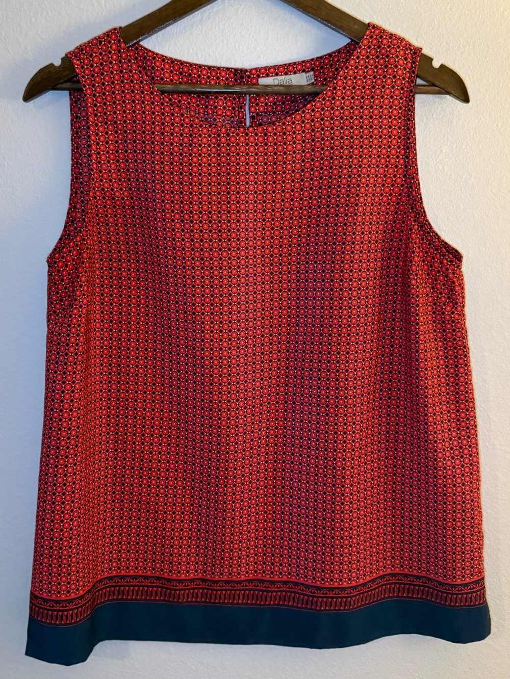 Dalia Red Printed Sleeveless Shell with Navy Hem